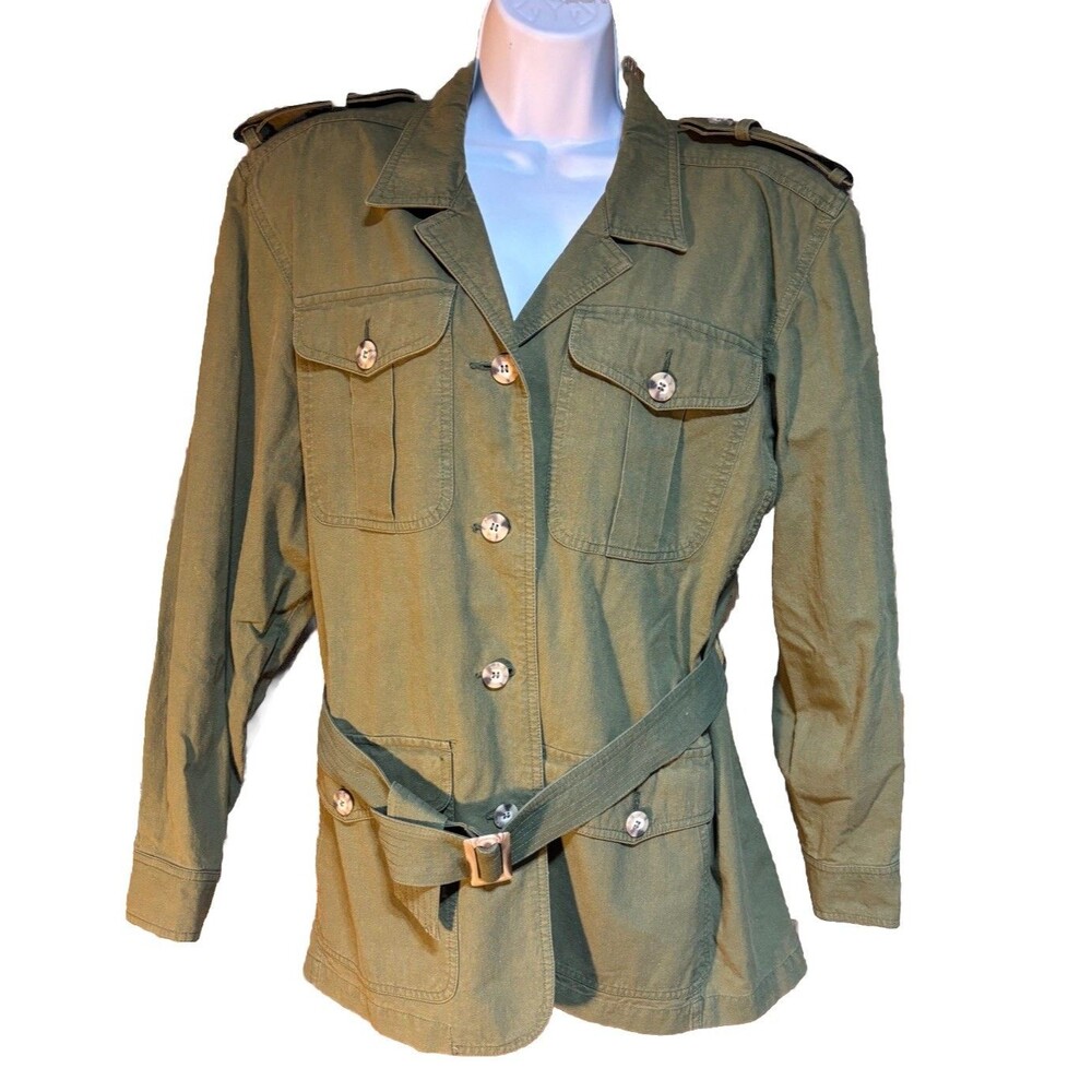 Vintage Lizsport Olive Green Cotton Belted Safari Utility Jacket Women's Large